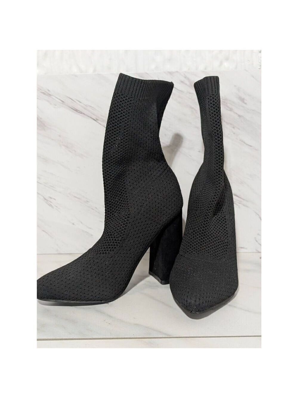 Krush Since 1970 Women's Black Chunky Suede 4" Heel Knitted Boots US Sz 8
